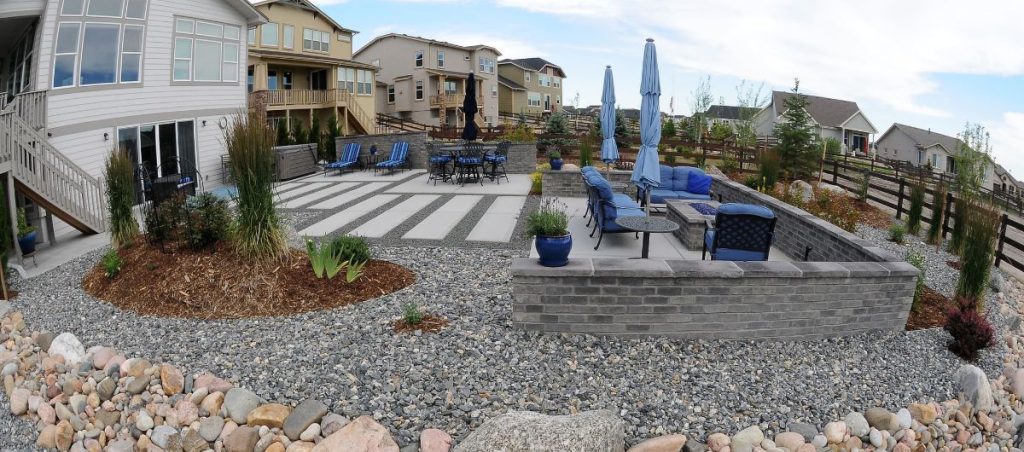 Image of a Broadmoor landscape design project featuring xeriscaping, retaining walls and patio surfaces