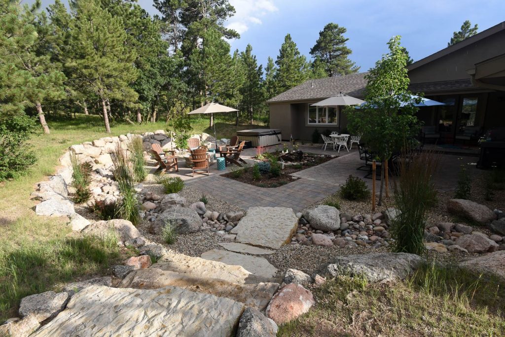 Outdoor living and landscape design in Colorado Springs with custom patios, pathways, and integrated lighting systems