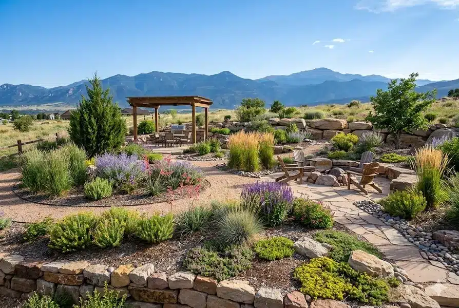 Image of a residential backyard with xeriscaping landscape design by Jake's Designs in Colorado Springs.