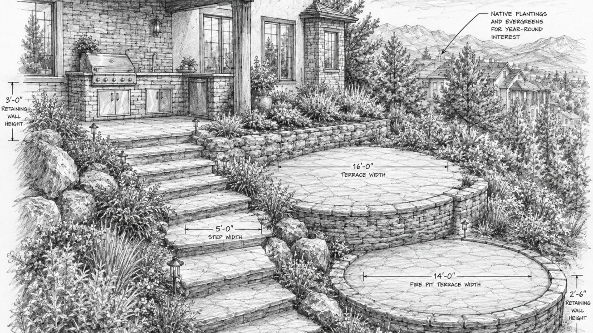 sketch Backyard Kitchen Layout for a Colorado Springs Slope Yard