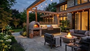 Jakes - outdoor kitchen - luxury home with beautiful backyard off livingroom, outdoor kitchen with pizza over and grill, firepit close by - outdoor kitchen placement colorado springs