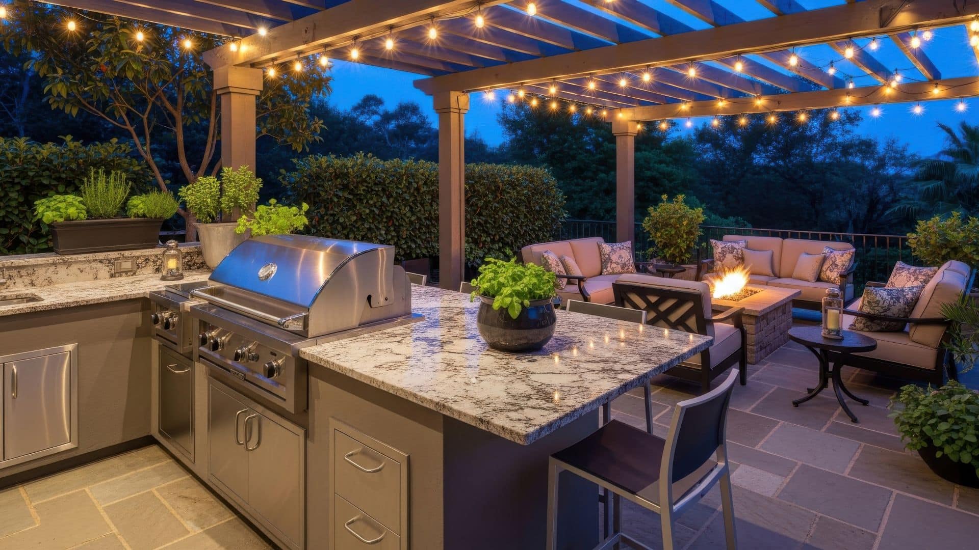 Jakes - outdoor kitchen - outdoor kitchen at dusk, pergola, fire pit close by - outdoor kitchen placement Colorado Springs